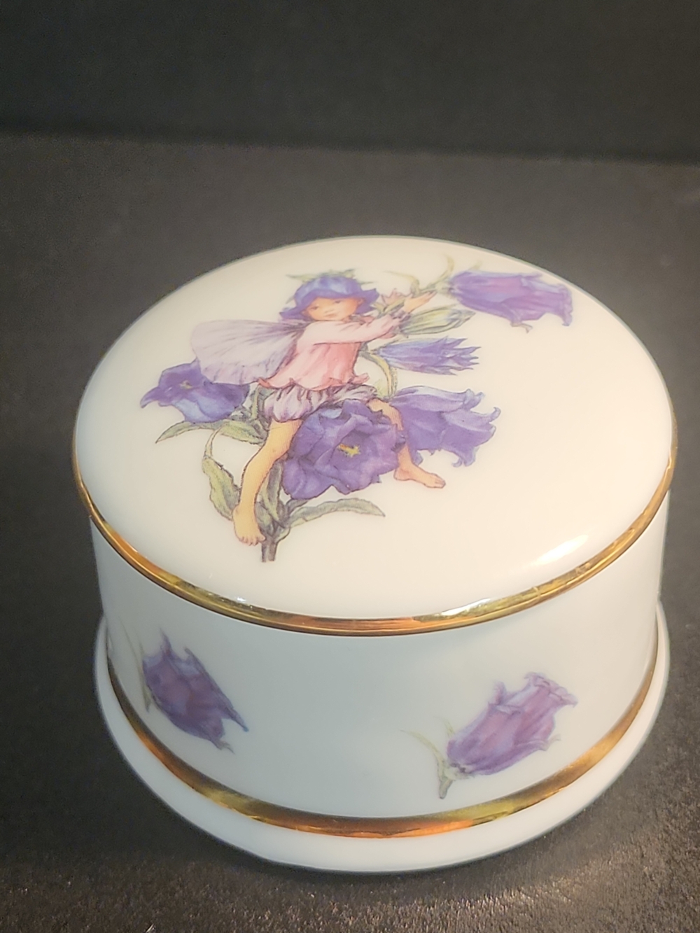 White Porcelain Trinket Box with Purple Fairy Floral Design and Gold Trim